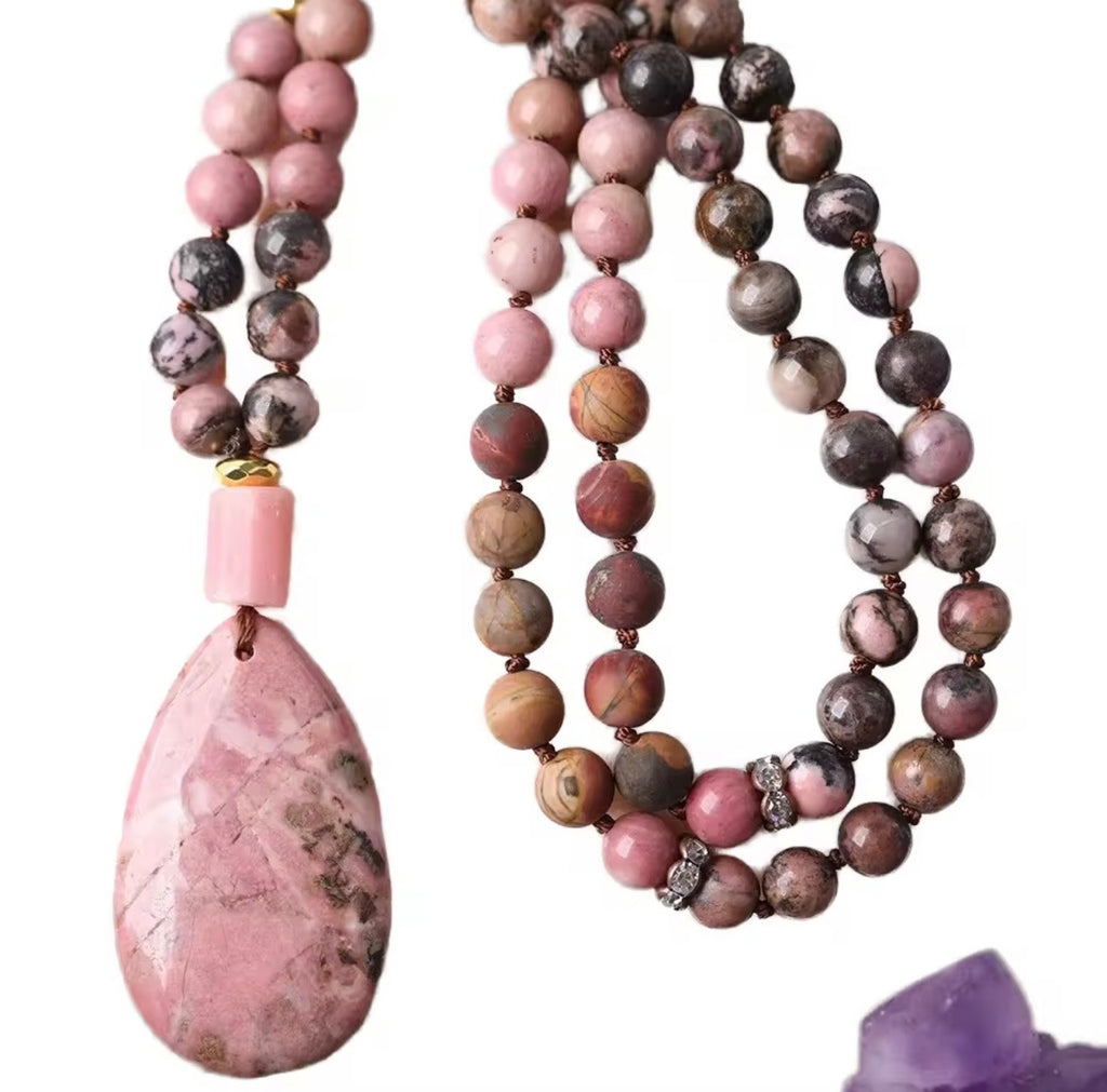 Natural Rhodonite & Jasper Mala Pendant Necklace