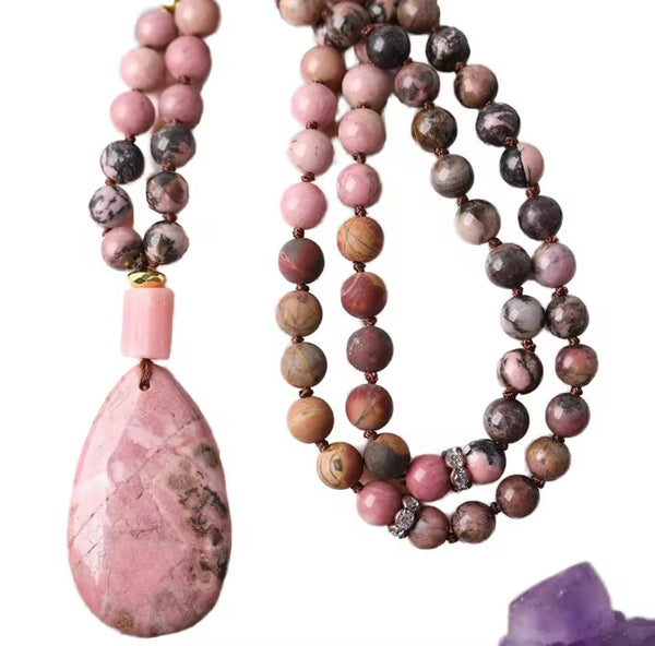 Natural Rhodonite & Jasper Mala Pendant Necklace