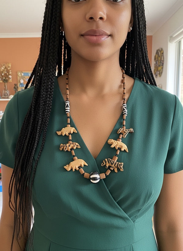 South African Wood Beads & Animals Necklace