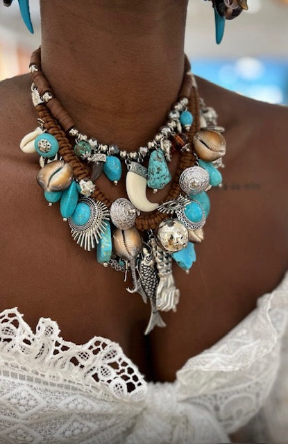 Two Piece Necklace Set with Silver, Beige and Turquoise Charms