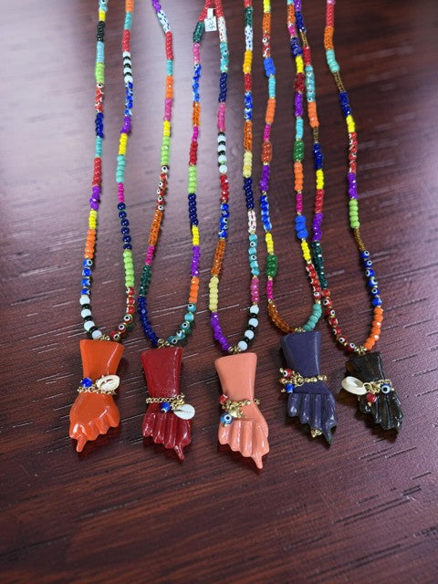 Long Multi-color Beadds Necklace with A Large Figa Hand