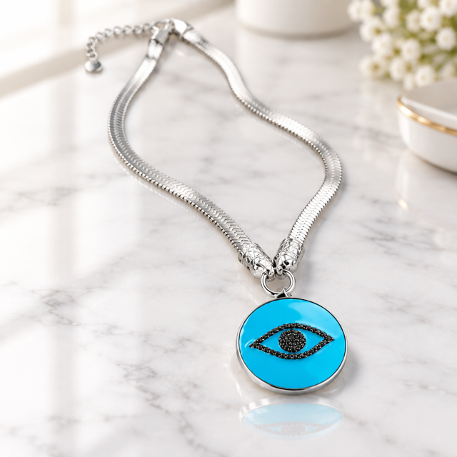 Silver plated flat chain with Enameled Evyl Eye Charm