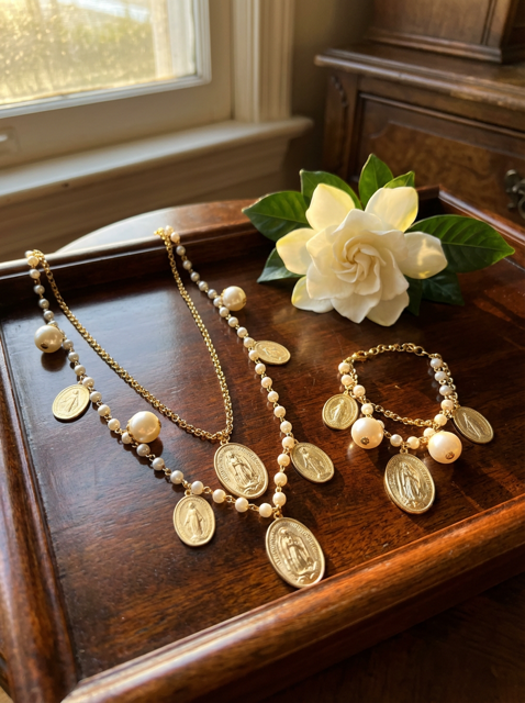Pearls & Medals Necklace and bracelet set