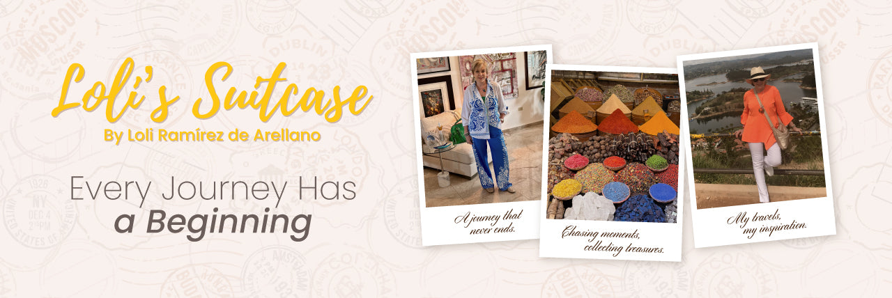 Promotional banner for 'Loli's Suitcase' with images of a woman and colorful items, featuring the text 'Every Journey Has a Beginning'.